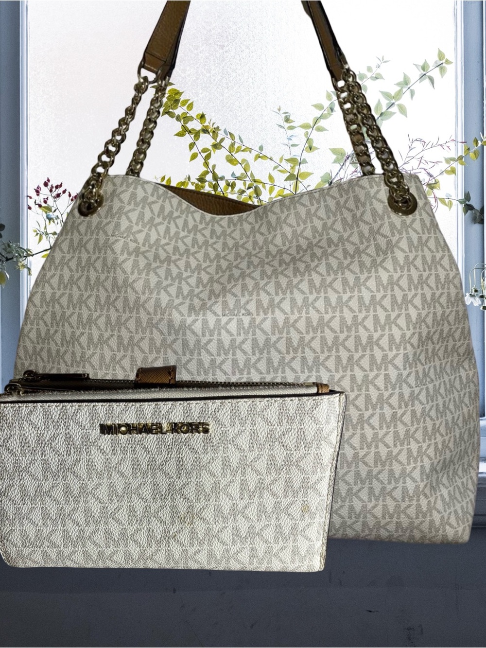 Michael Kors Cream and Acorn Chain Monogram Hobo Bag & Wristlet Set